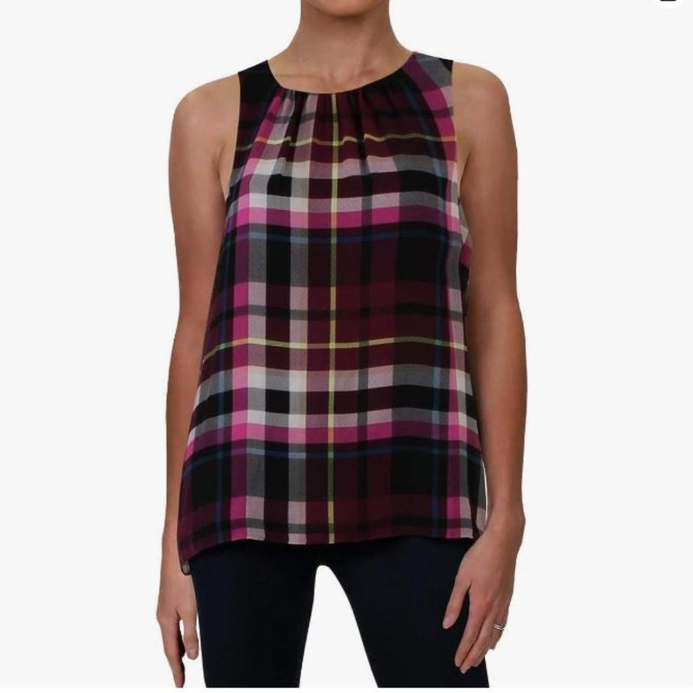 NWT VINCE CAMUTO Modern Imprint Swing Tank TOP, size S, Purple/Maroon Plaid